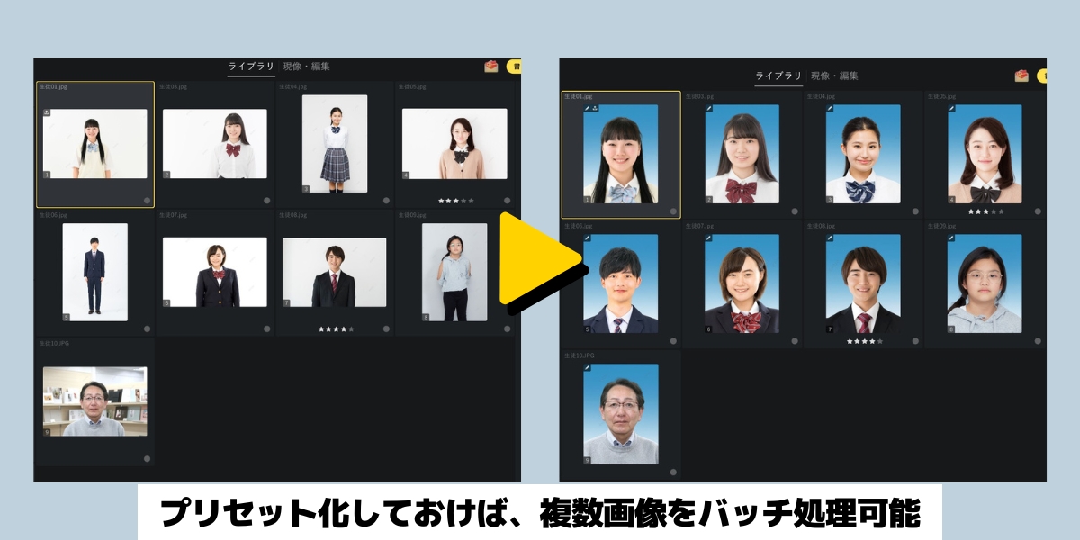 複数写真バッチ補正：プリセット化しておけば、複数画像をバッチ処理可能